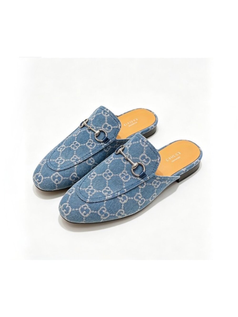 Gucci Women’s Monogram Jumbo GG Denim Malaga Princetown Slippers Light Blue EU37